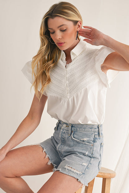 White Crochet Patchwork Ruffle Sleeve Blouse