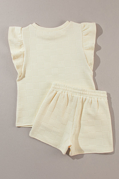 Bright Green Textured Ruffle Sleeve Tee & Drawstring Shorts Set
