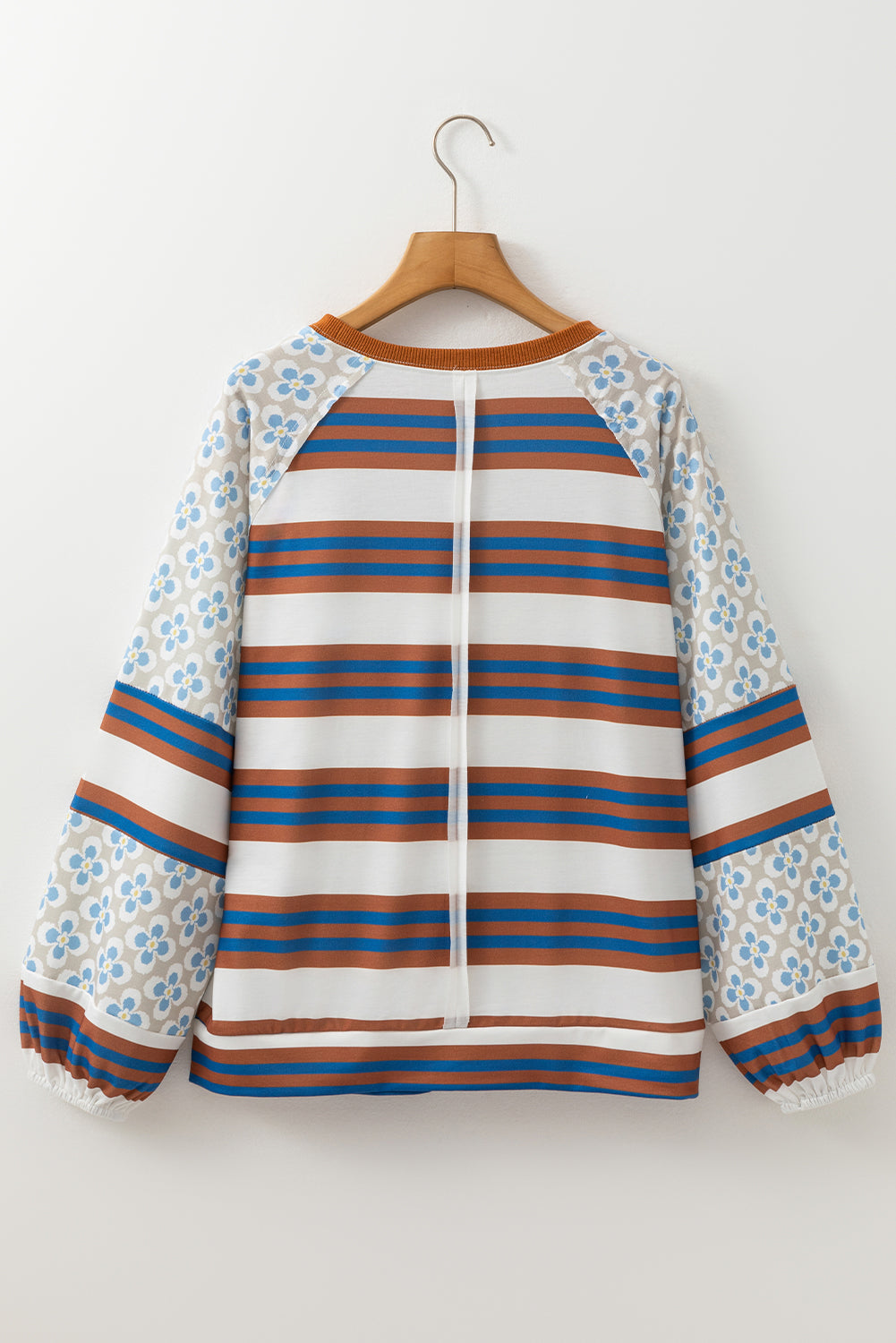 White Striped Floral Patchwork Lantern Sleeve Top