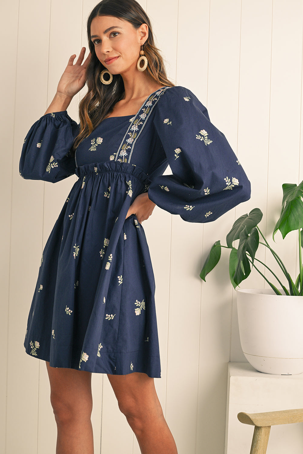 Blue Floral Embroidered Puff Sleeve Babydoll Dress