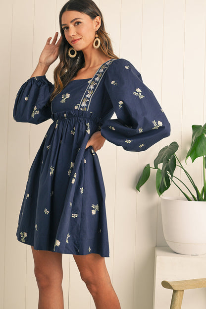 Blue Floral Embroidered Puff Sleeve Babydoll Dress