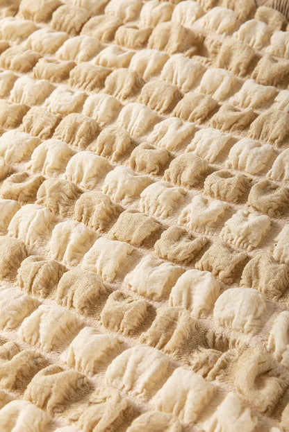 Beige Textured Frill Trim Smocked Puff Sleeve T Shirt