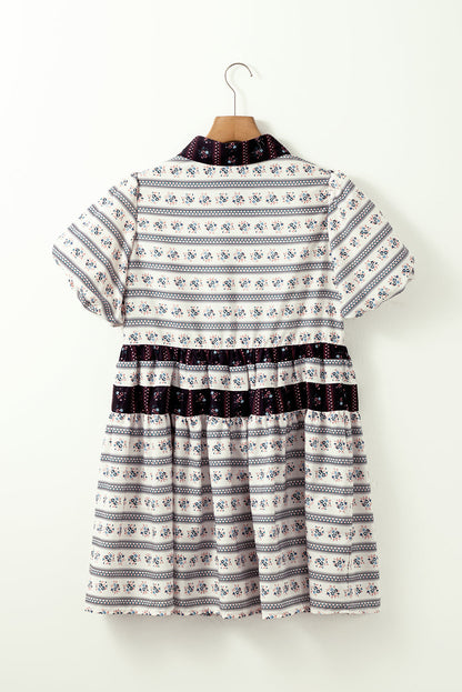 Black Boho Striped Floral Bubble Sleeve Mini Dress