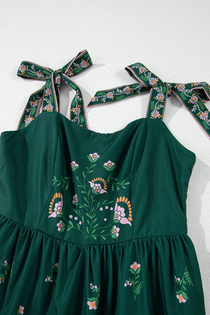 Blackish Green Boho Floral Print Sleeveless Dress