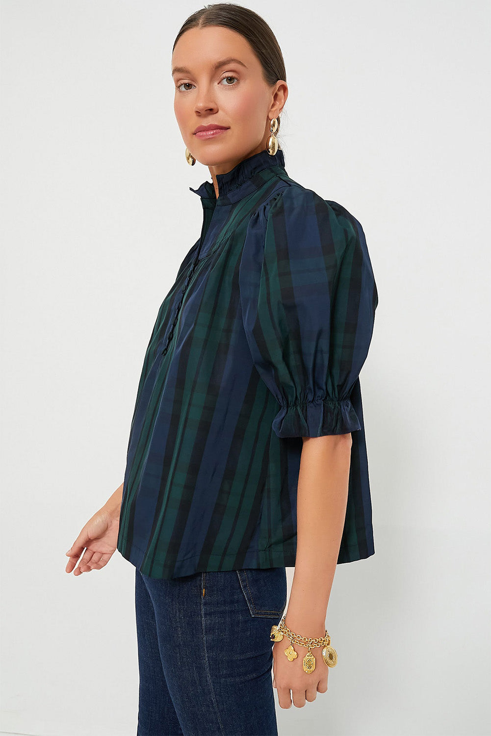 Blackish Green Plain Puff Sleeve Frill Trim Blouse