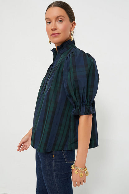 Blackish Green Plain Puff Sleeve Frill Trim Blouse