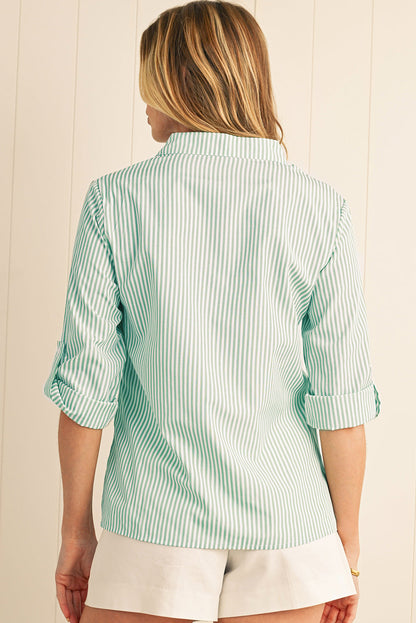 Green Stripe V Neck Pocket Roll-Up Sleeve Shirt