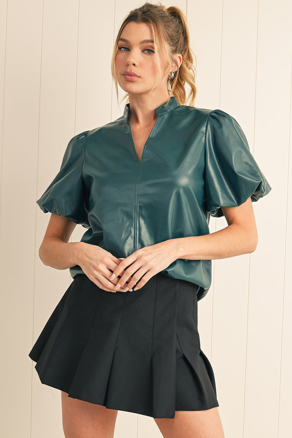 Sea Green Solid Color V-Neck Puff Sleeve Blouse