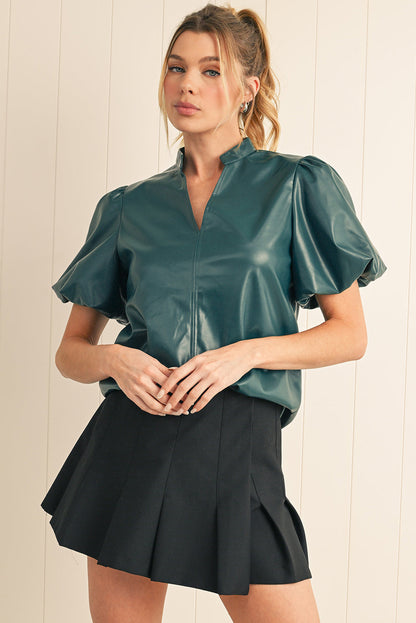 Sea Green Solid Color V-Neck Puff Sleeve Blouse