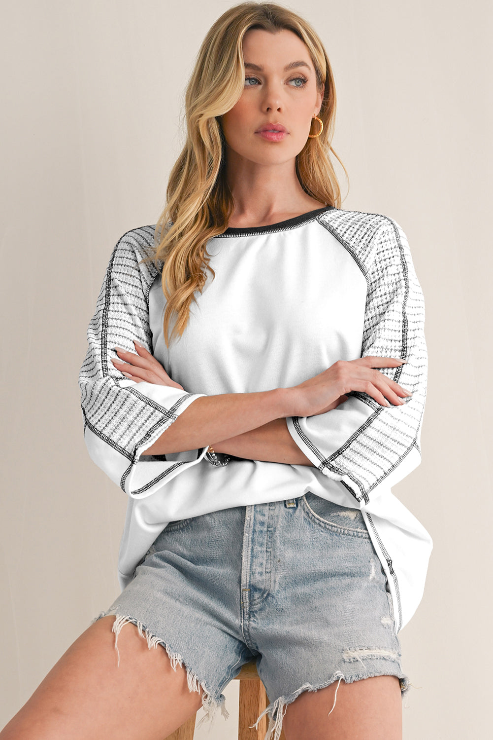 Black Striped Raglan Sleeve Patchwork Top