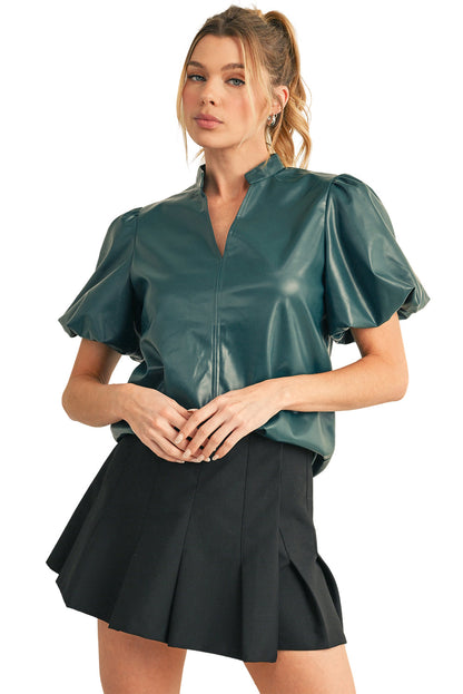 Sea Green Solid Color V-Neck Puff Sleeve Blouse
