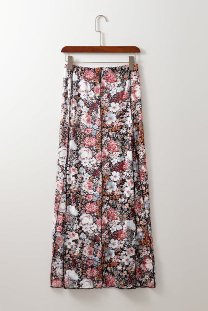 Brown Allover Floral Print Bohemian High Waist Maxi Skirt