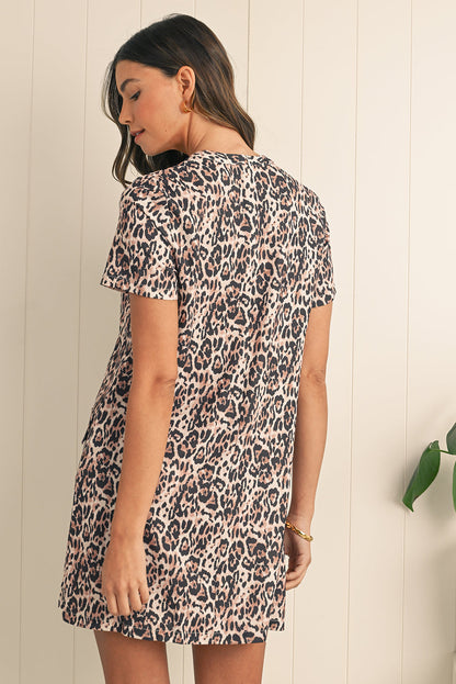 Brown Leopard Print Short Sleeve Pocket Mini Dress