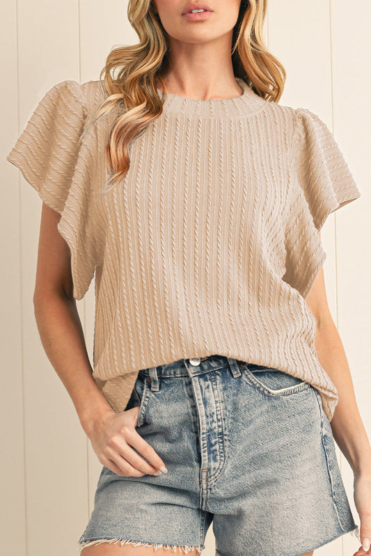 Moonlight Jade Solid Color Textured Ruffle Short Sleeve Knit Top