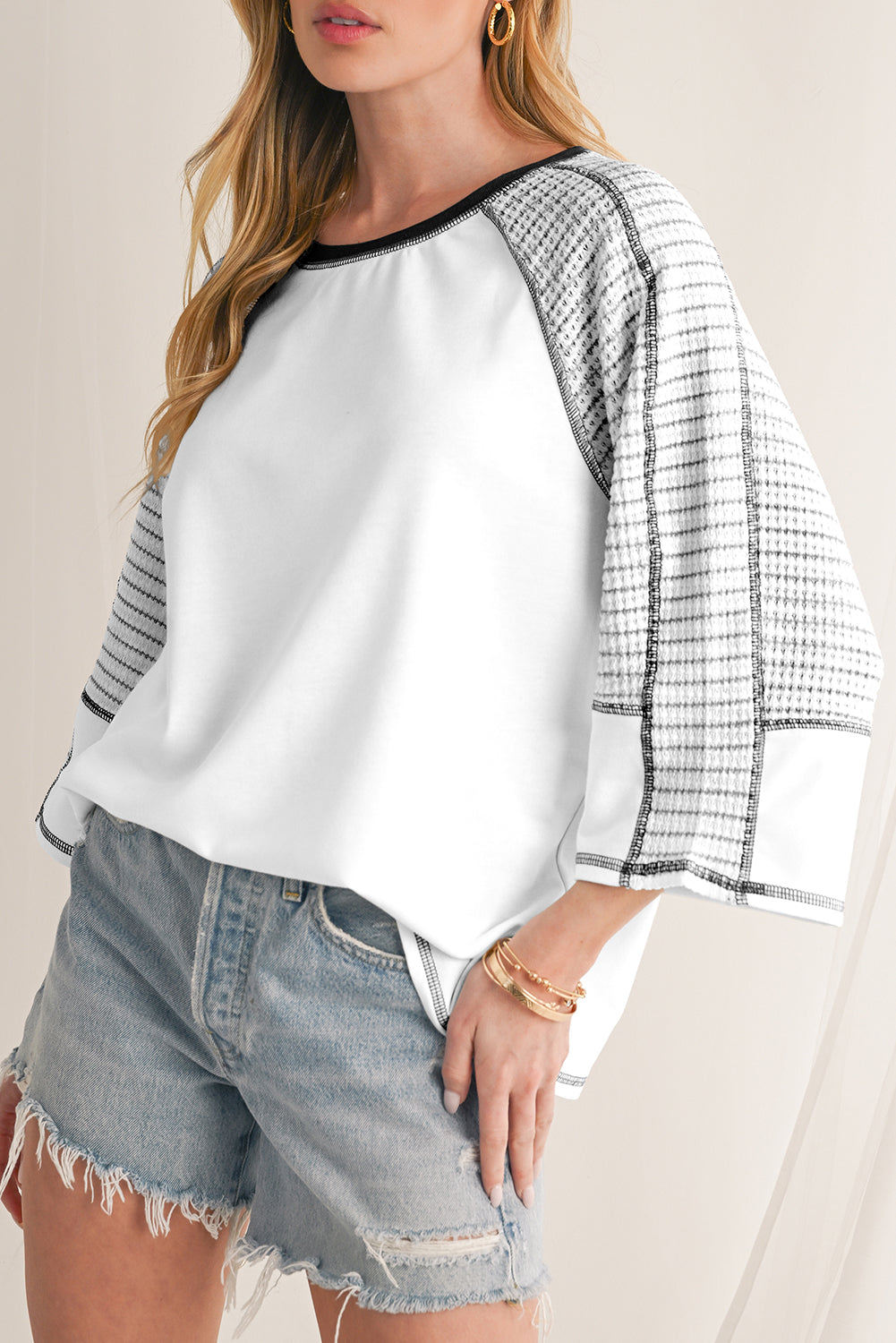 Black Striped Raglan Sleeve Patchwork Top