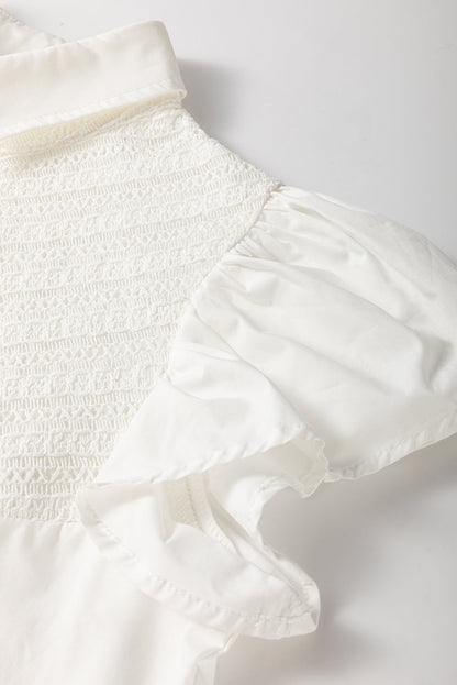 White Crochet Patchwork Ruffle Sleeve Blouse
