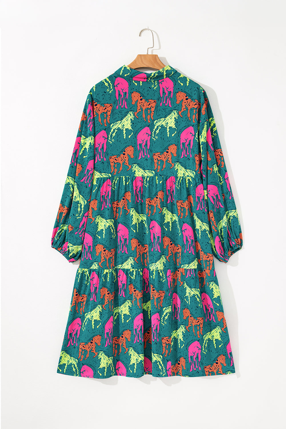 Green Horse Print Long Sleeve Collared Button Plus Size Midi Dress
