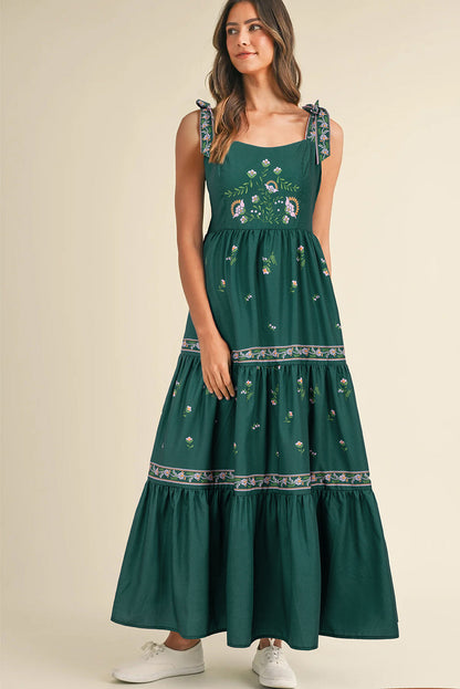 Blackish Green Boho Floral Print Sleeveless Dress