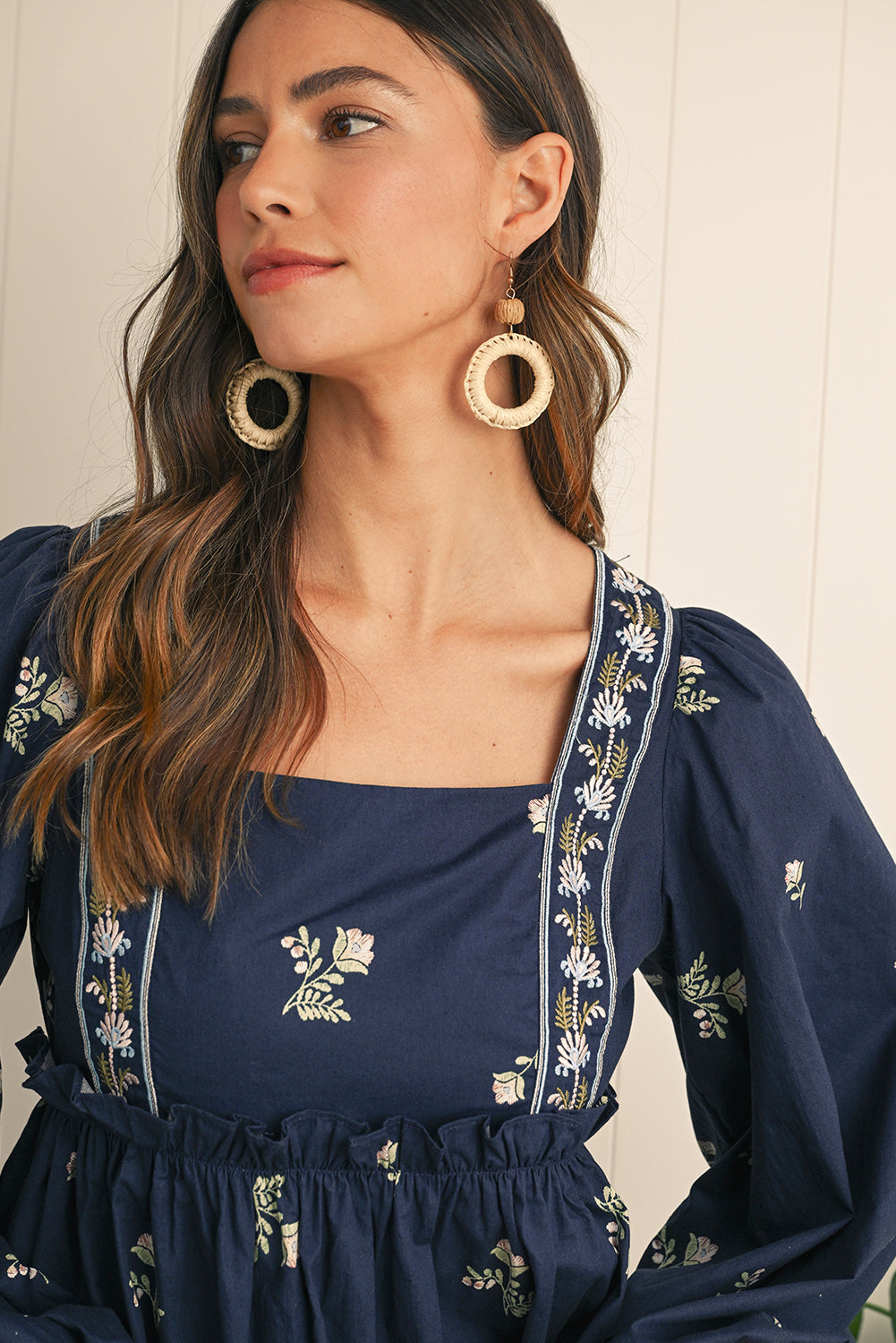 Blue Floral Embroidered Puff Sleeve Babydoll Dress