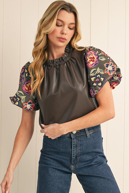 Floral Puff Sleeve Boho Frill Neck Blouse
