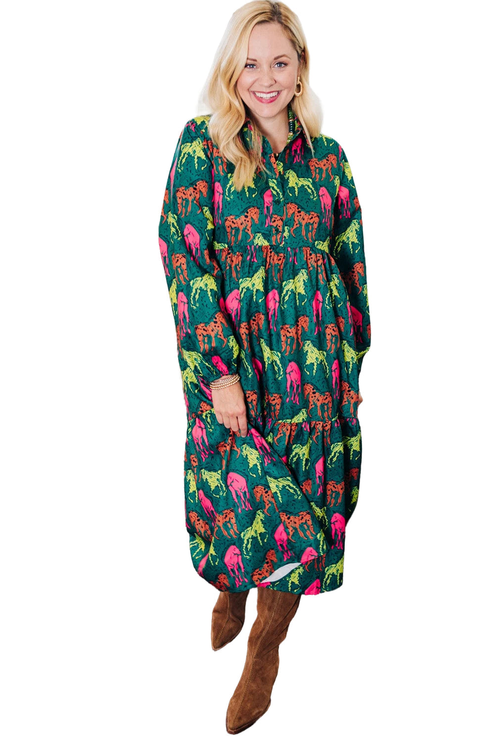 Green Horse Print Long Sleeve Collared Button Plus Size Midi Dress