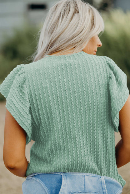 Moonlight Jade Solid Color Textured Ruffle Short Sleeve Knit Top