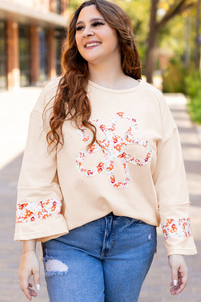 Beige Flower Patched Side Slits Plus Size Top