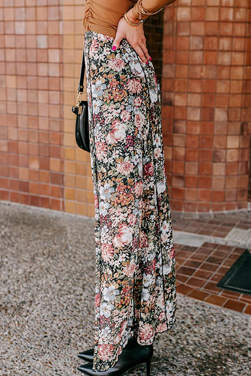 Brown Allover Floral Print Bohemian High Waist Maxi Skirt