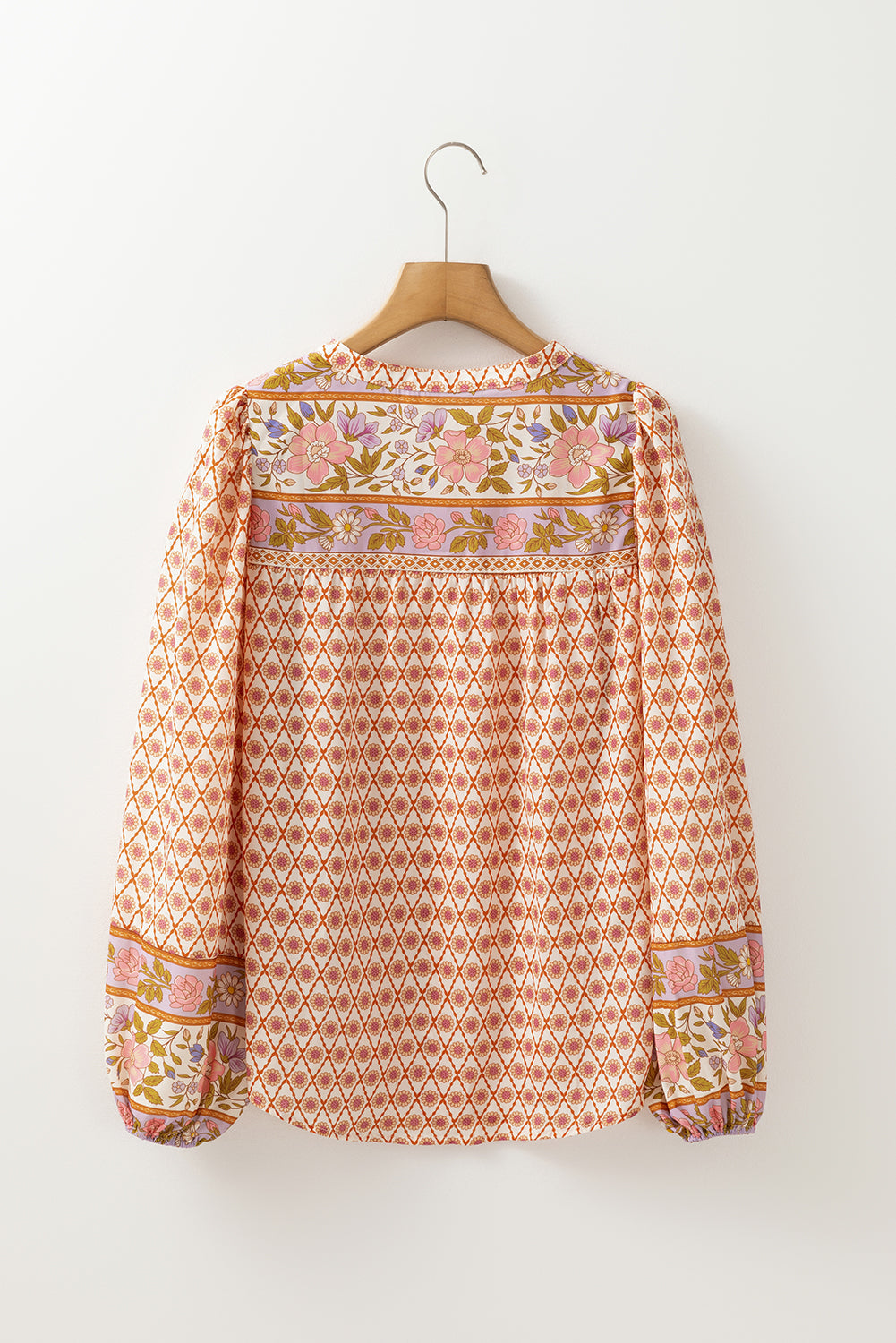 Multicolour Boho Floral Puff Sleeve V-Neck Button Blouse