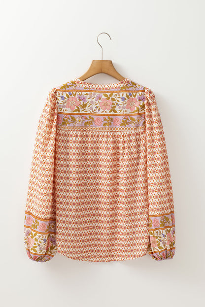 Multicolour Boho Floral Puff Sleeve V-Neck Button Blouse