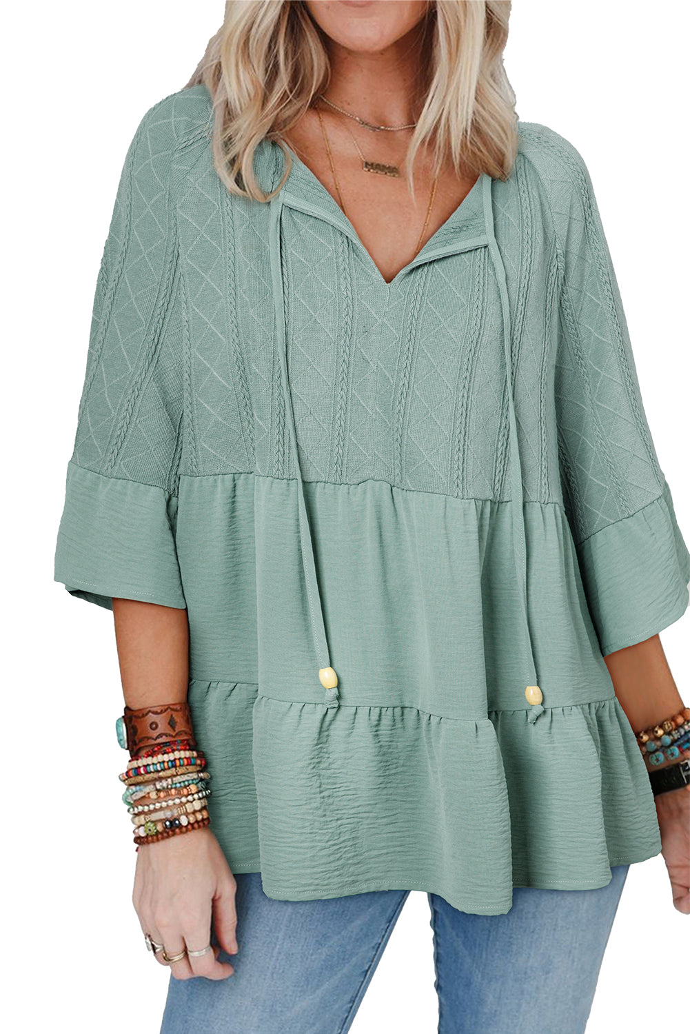 Laurel Green Tie Split Neck Textured Ruffle Patchwork Blouse