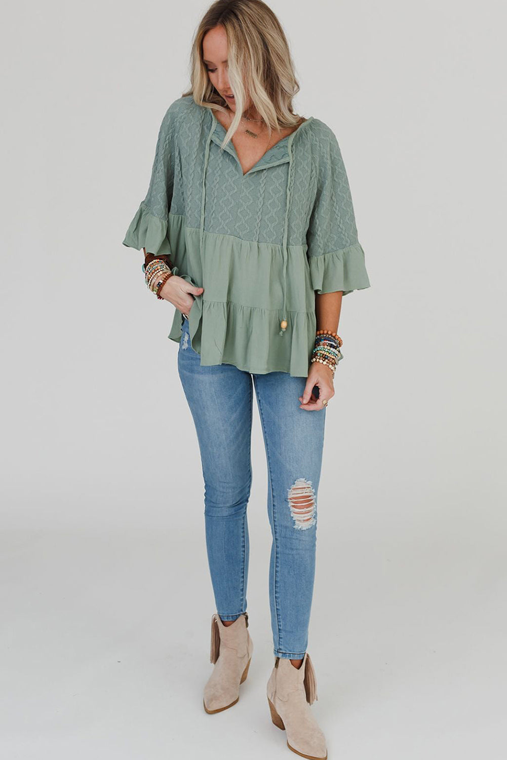 Laurel Green Tie Split Neck Textured Ruffle Patchwork Blouse