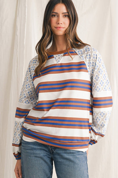 White Striped Floral Patchwork Lantern Sleeve Top
