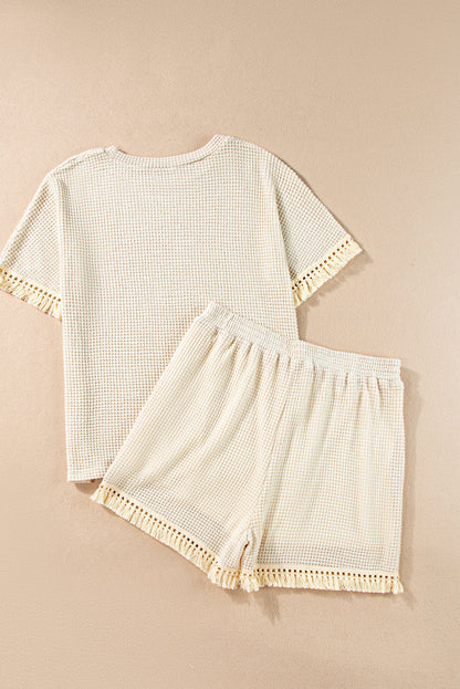 Beige Fringe Trim Waffle Knit Textured Shorts Set