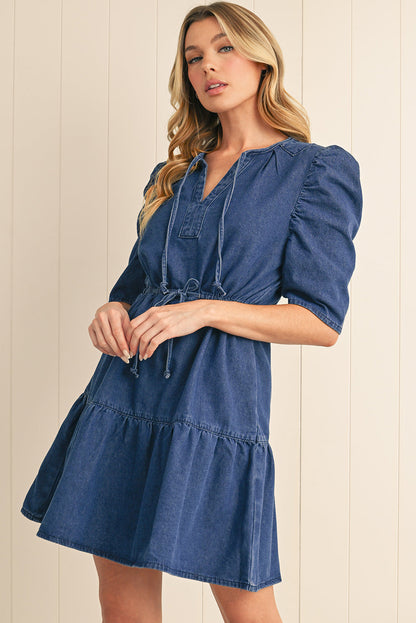 Blue Drawstring High Waist Puff Sleeve Denim Mini Dress