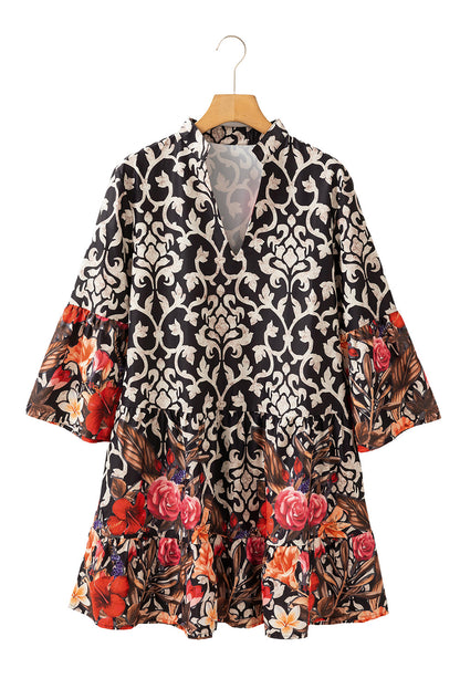 Black Abstract Print V-Neck Tiered Mini Dress