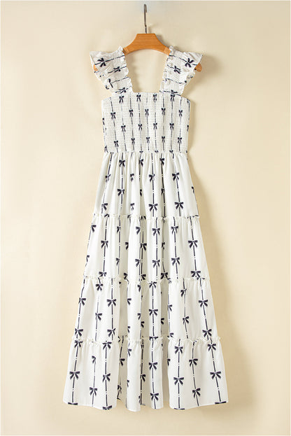 Black Bow Print Smocked Ruffle High Waist Maxi Dress