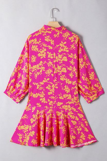 Pink Floral Print Drawstring Flowy Short Dress