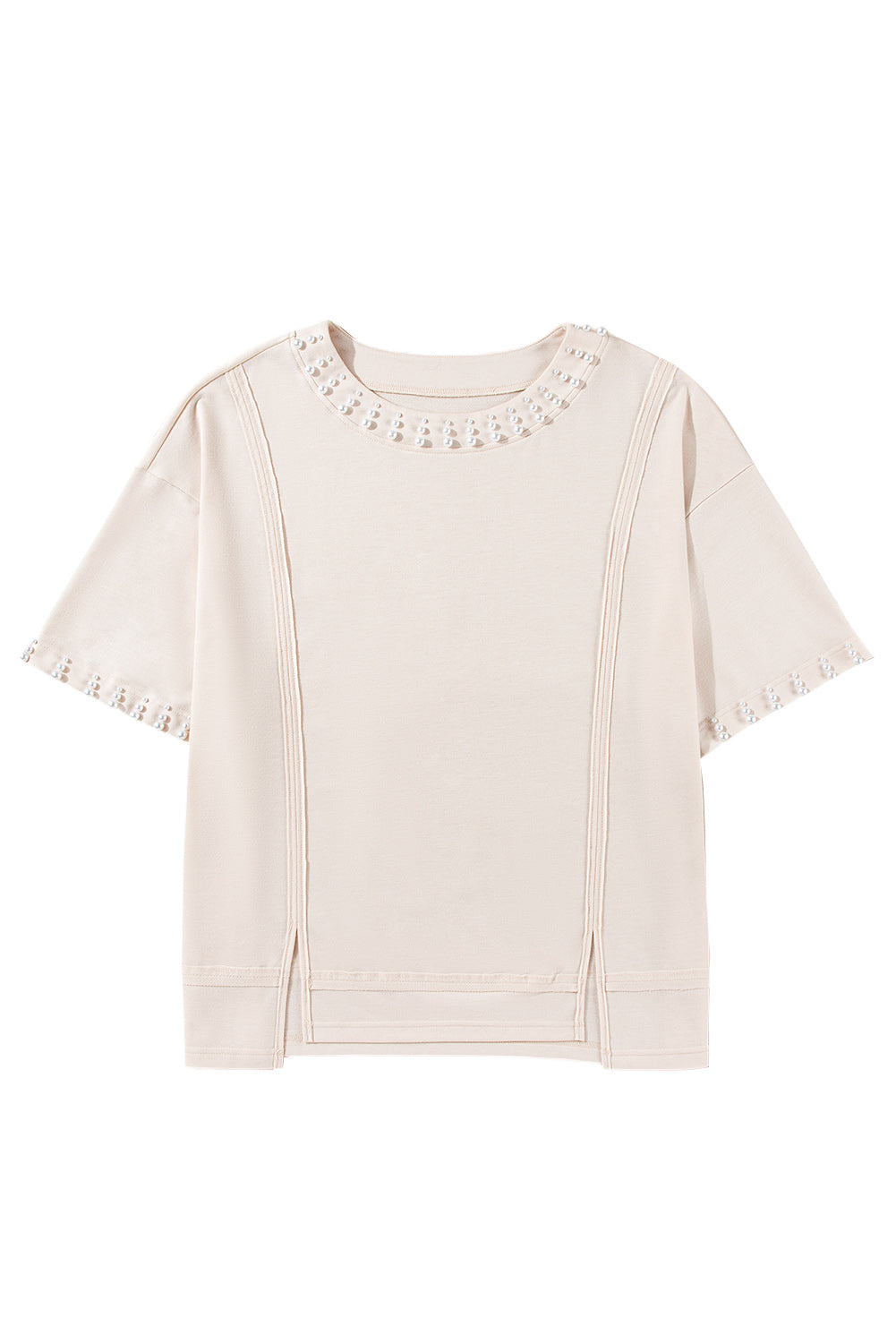Beige Pearl Decor Crew Neck Half Sleeve Plus Size T Shirt