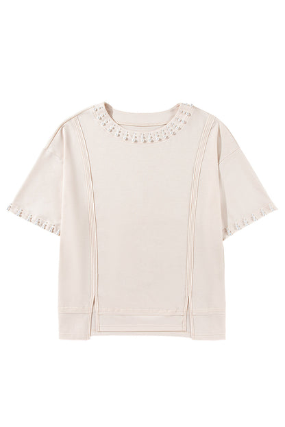 Beige Pearl Decor Crew Neck Half Sleeve Plus Size T Shirt