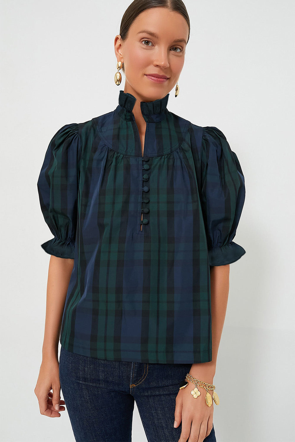 Blackish Green Plain Puff Sleeve Frill Trim Blouse