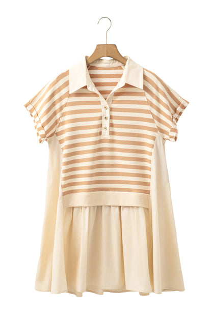 Khaki Striped Patchwork Short Sleeve Collared Mini Dress