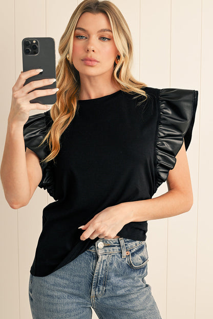 Cinnamon Leather Ruffle Shoulder Blouse
