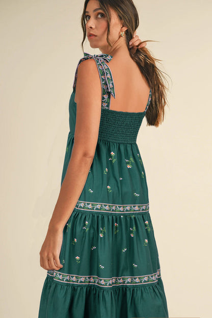 Blackish Green Boho Floral Print Sleeveless Dress