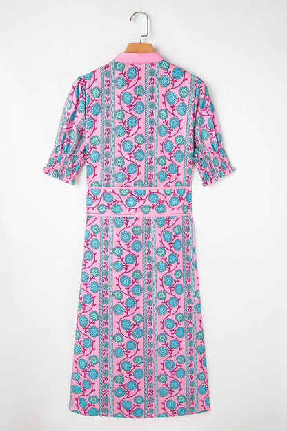 Pink Boho Floral Shirred Short Sleeve Belted Dress