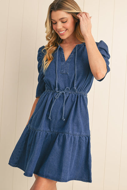 Blue Drawstring High Waist Puff Sleeve Denim Mini Dress