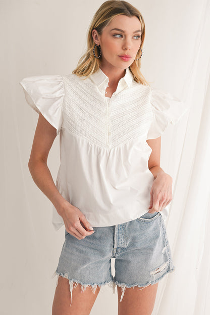 White Crochet Patchwork Ruffle Sleeve Blouse