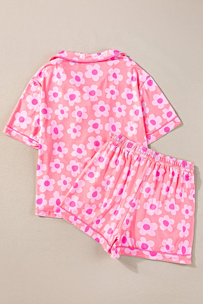 Pink Flower Print Buttoned Shirt and Drawstring Waist Pajama Set