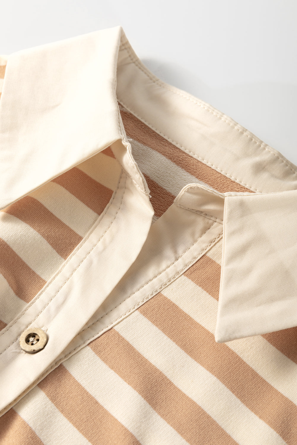 Khaki Striped Patchwork Short Sleeve Collared Mini Dress