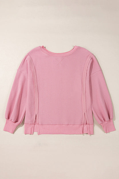 White Waffle Bishop Sleeve Split Oversized Sweatshirt